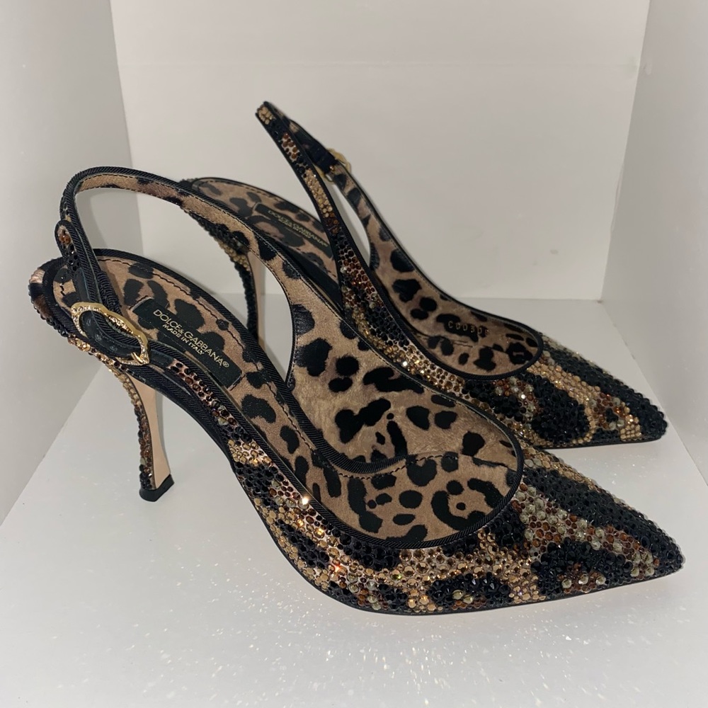 Dolce and Gabbana Leopard Crystal Slingback Heels